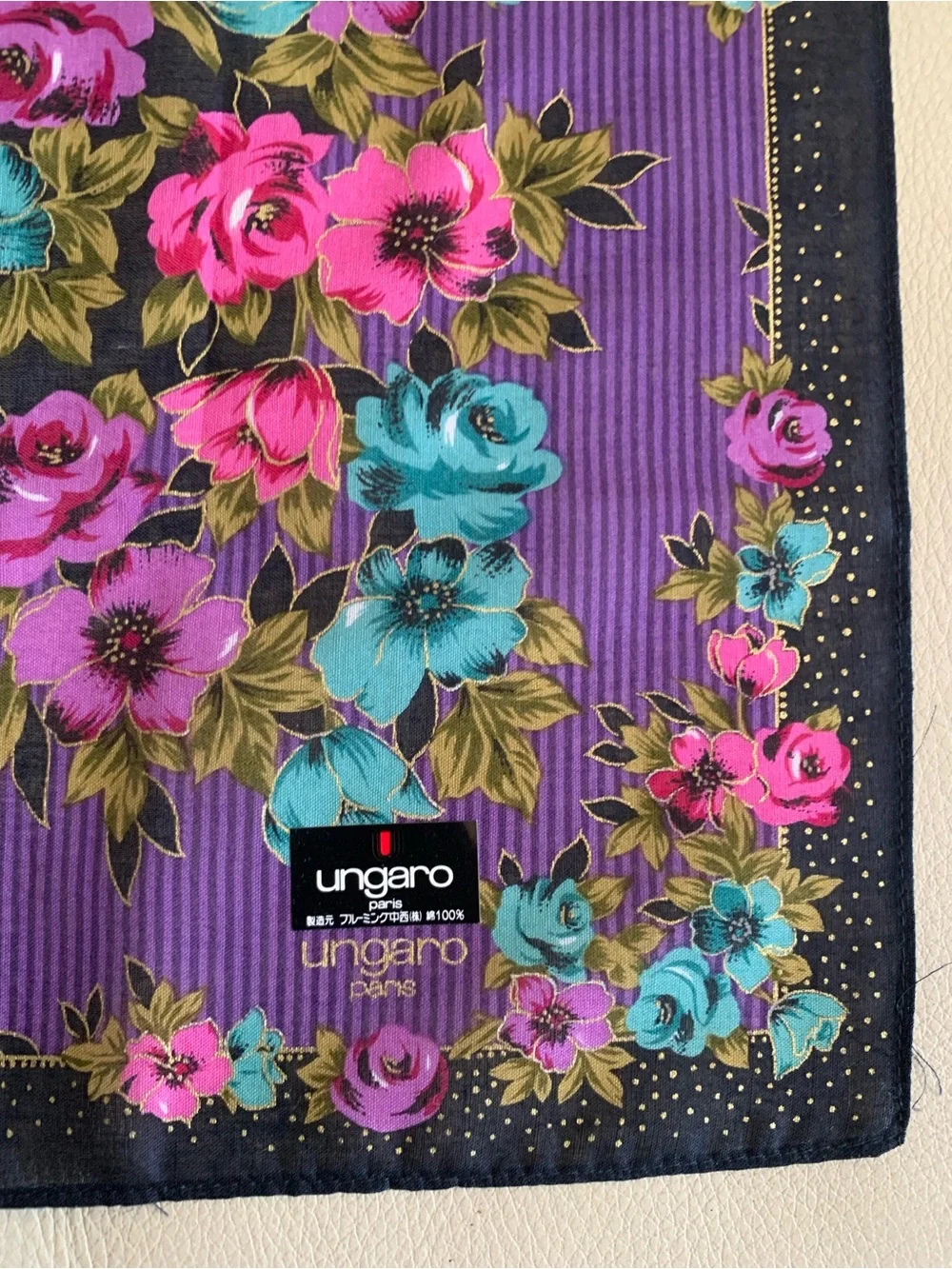 Ungaro Paris Floral Handkerchief 16.5” Square Purple Pink Blue 100% Cotton Japan